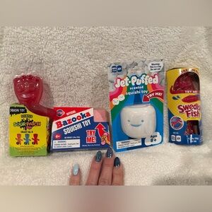 4 SUNNY DAYS Squishy SWEDISH FISH Sour Patch Kid  BAZOOKA & Jet Puff Marshmallow